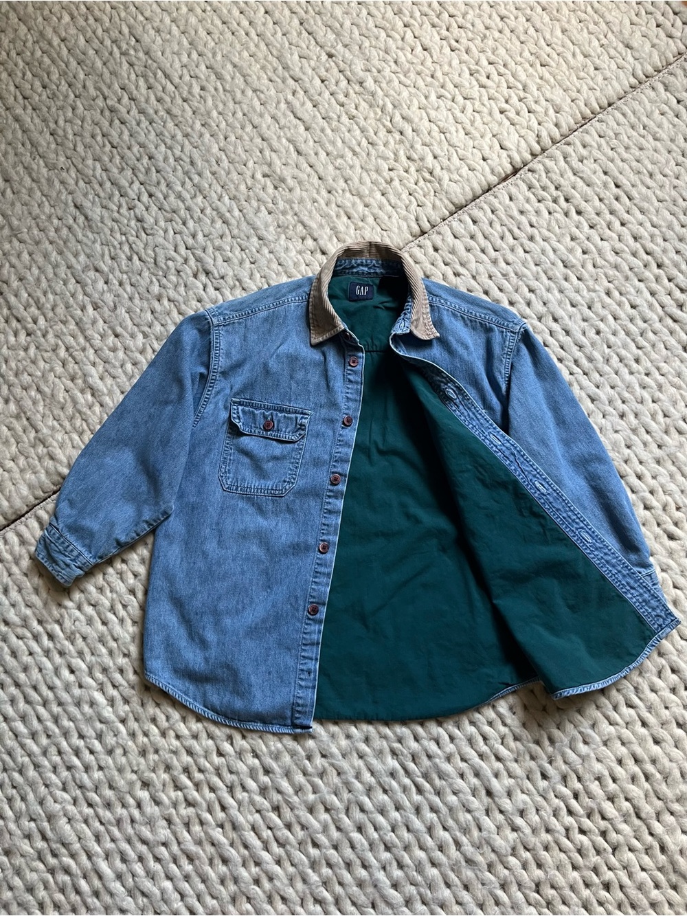 GAP Kids Lined Denim Shirt Beige Corduroy Collar | medium 7-8